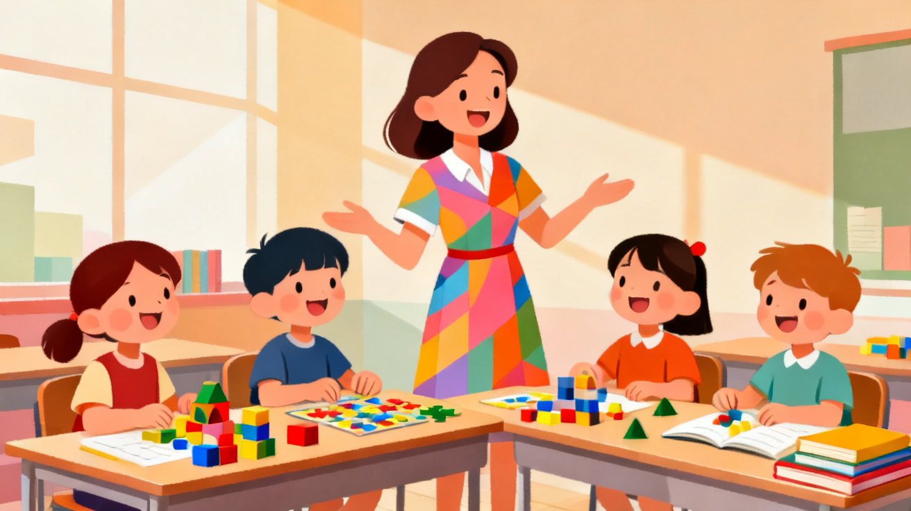卡通插画：老师带领小朋友做幼小衔接课堂游戏