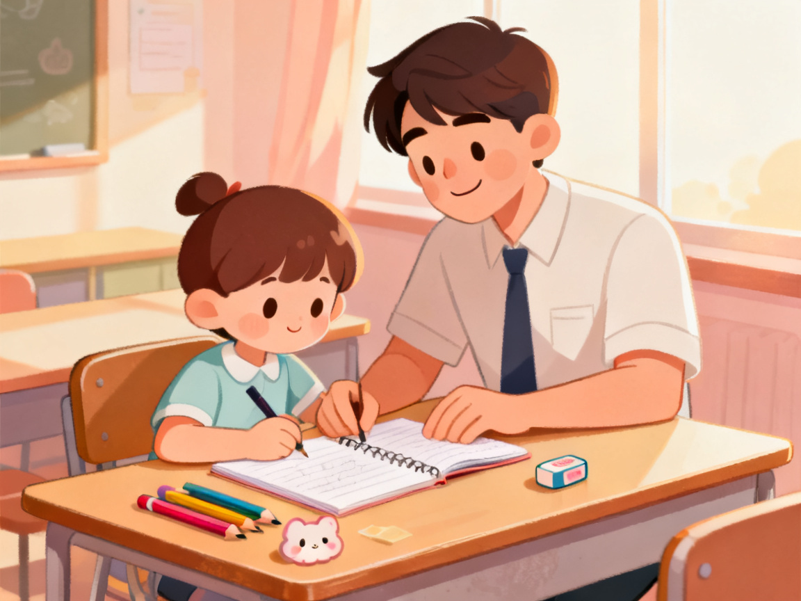 卡通插画：托管班老师辅导小朋友完成课后练习