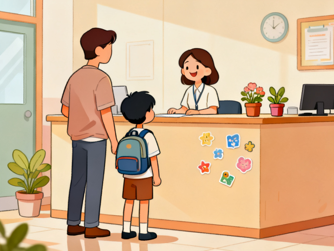 卡通插画：家长带孩子到托管机构咨询幼小衔接课程