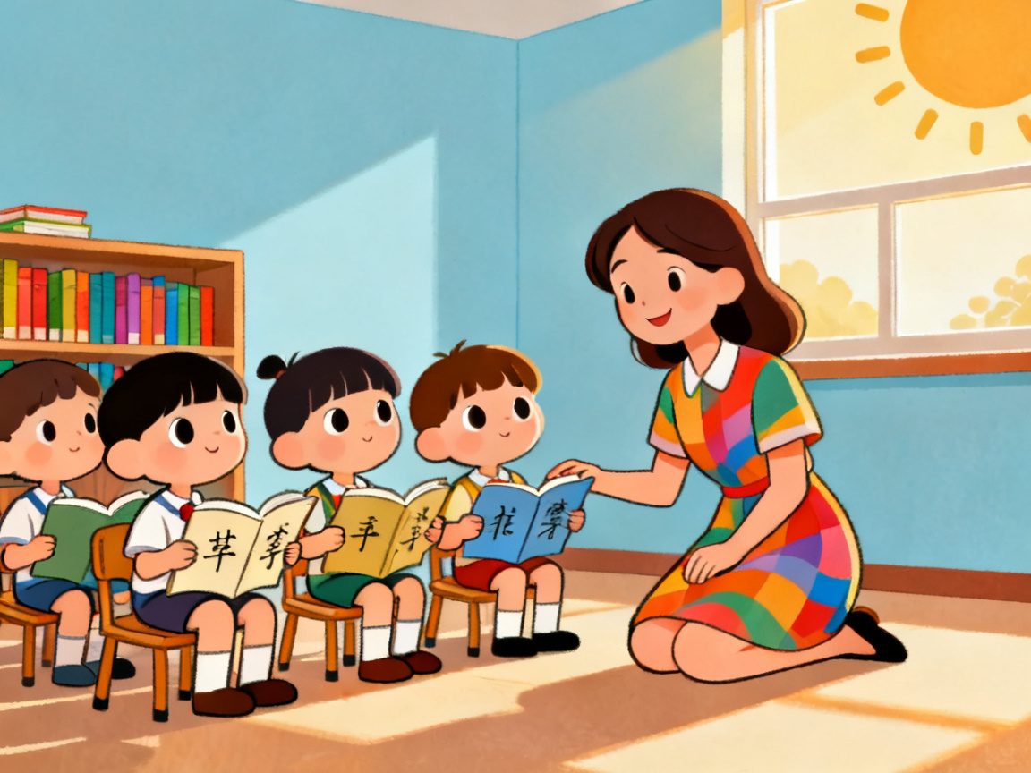 卡通托管班老师带领孩子做晨间晨读