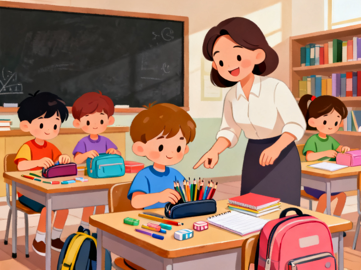 卡通托管班孩子在老师指导下整理学习物品