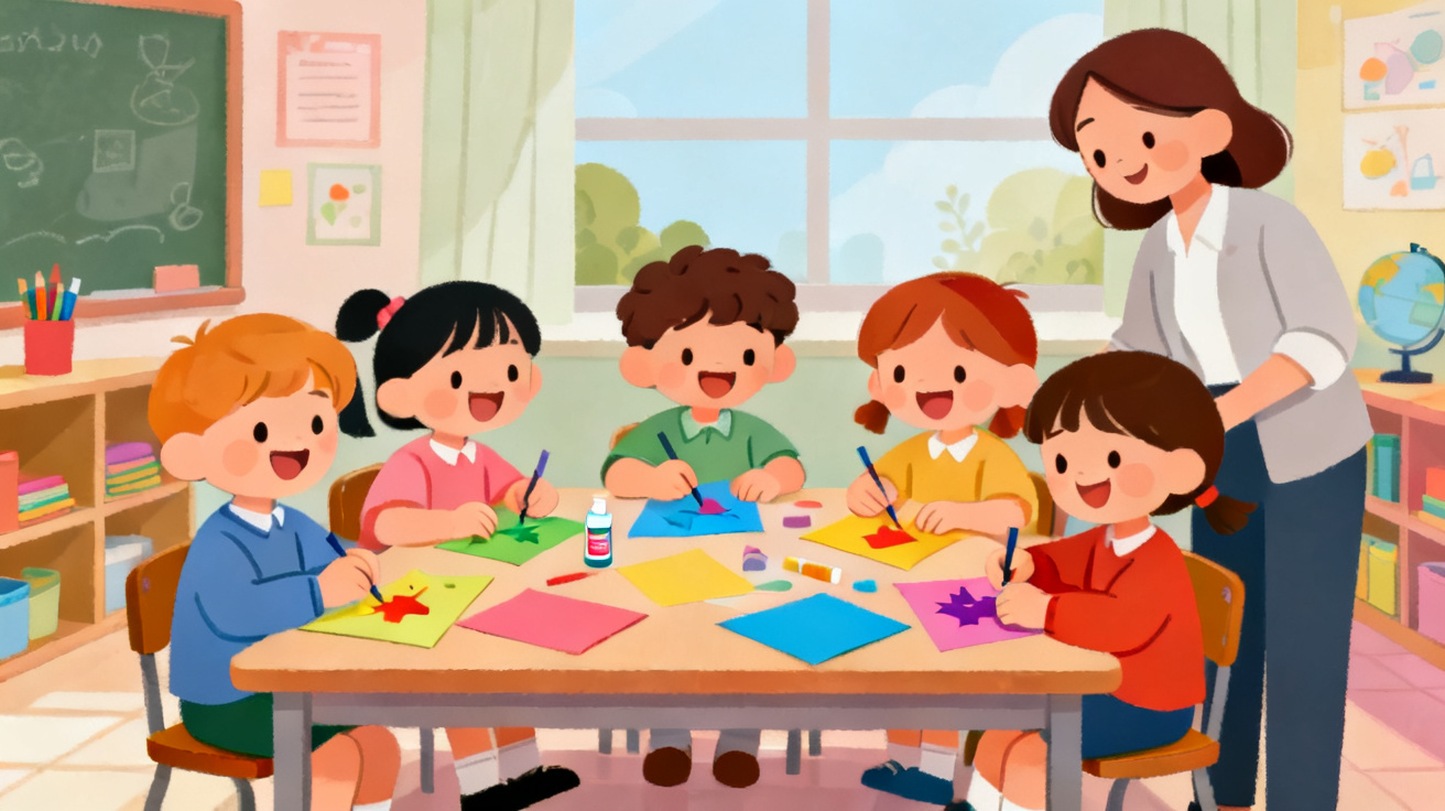 托管班孩子一起做手工活动卡通插画