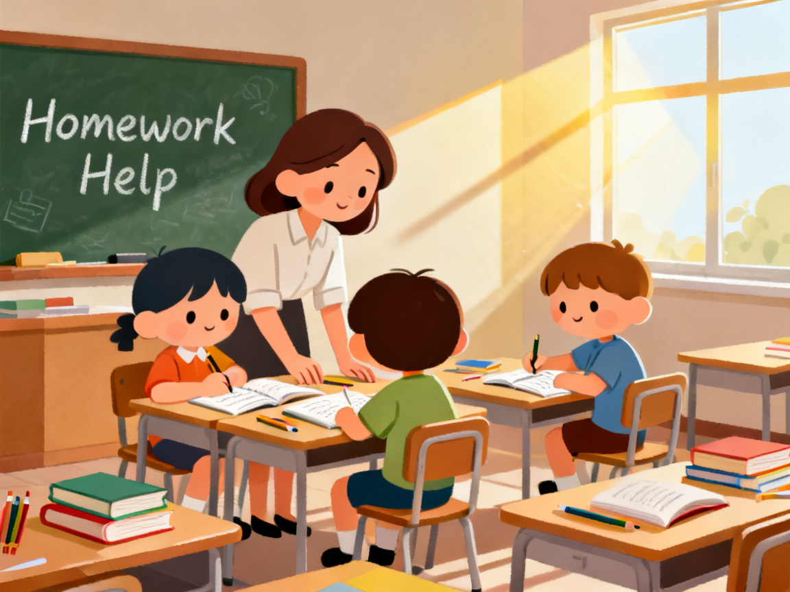 卡通老师辅导小学生写作业场景