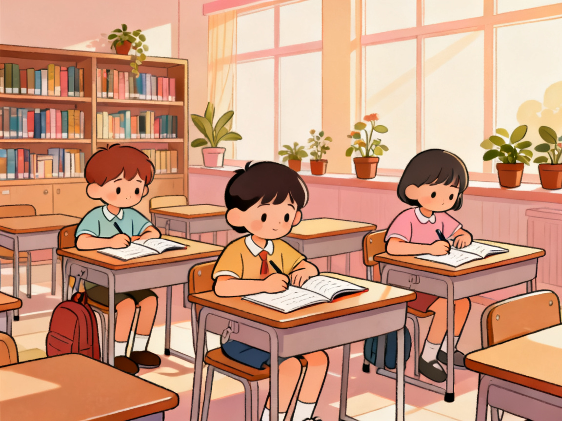 卡通托管班孩子有序写作业场景