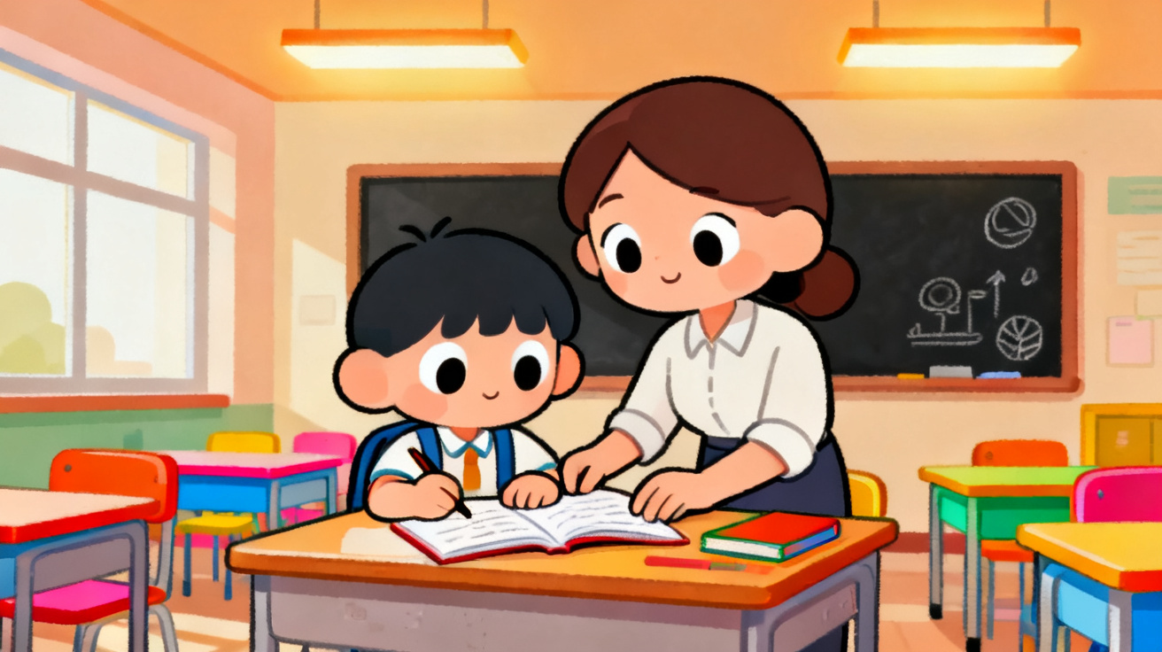 卡通托管老师辅导小学生写作业场景