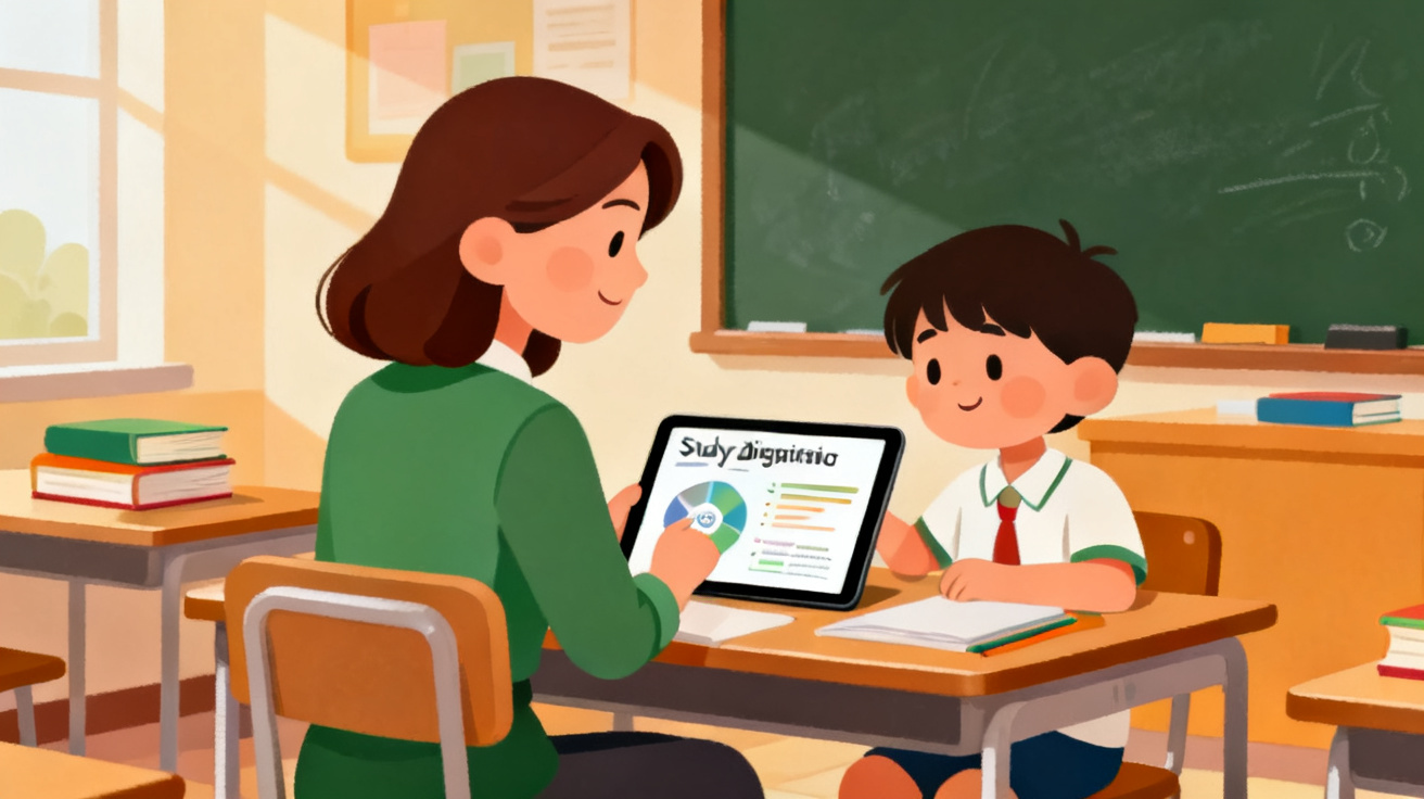 卡通老师和孩子查看AI学情诊断报告